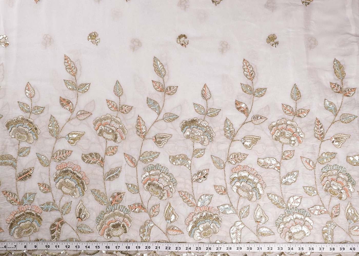 White Georgette Fabric With All Over Thread, Katdana And Sequins Buti With One Side Scalloped Border 16440