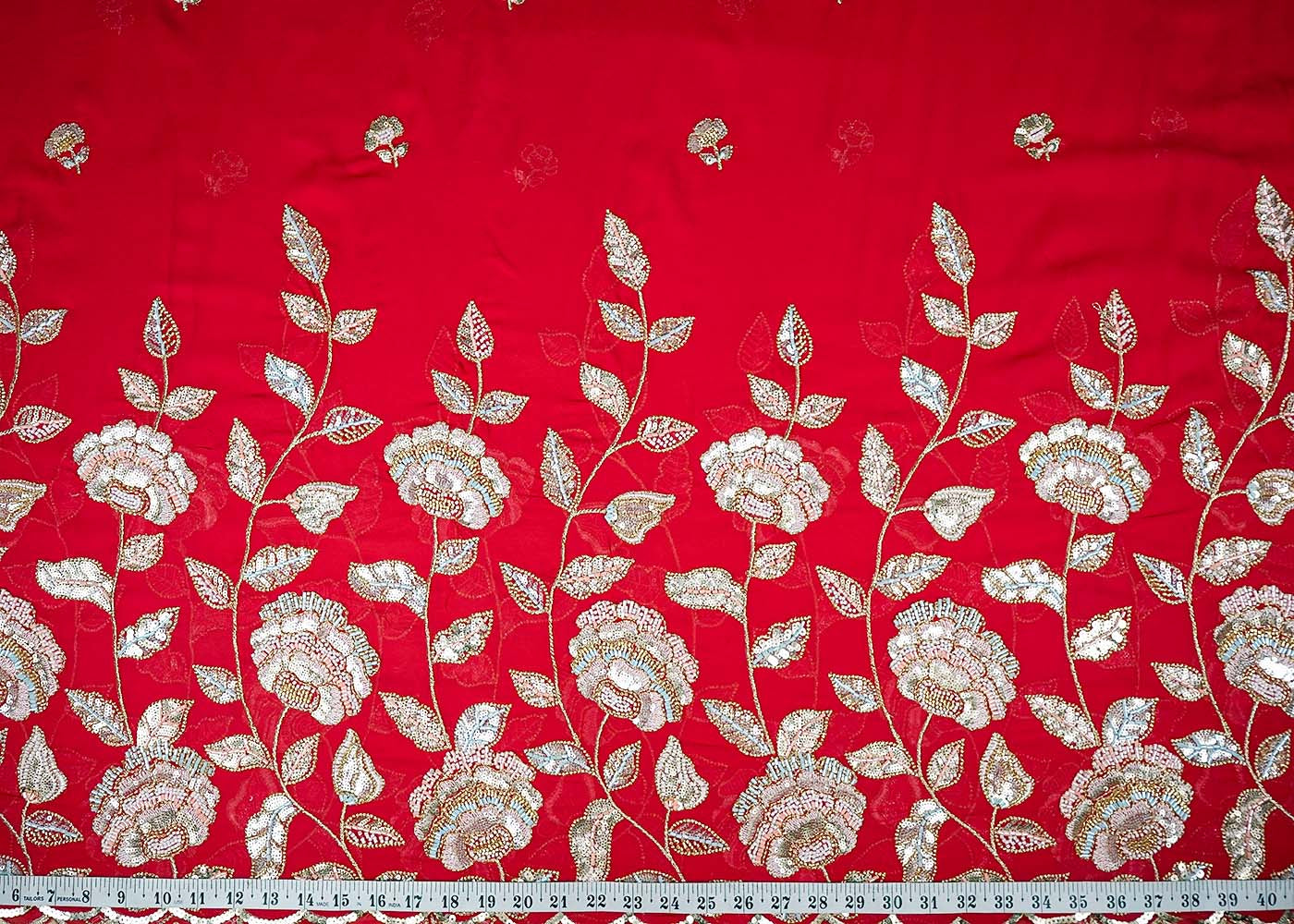 Red Georgette Fabric With All Over Thread, Katdana And Sequins Buti With One Side Scalloped Border 16441