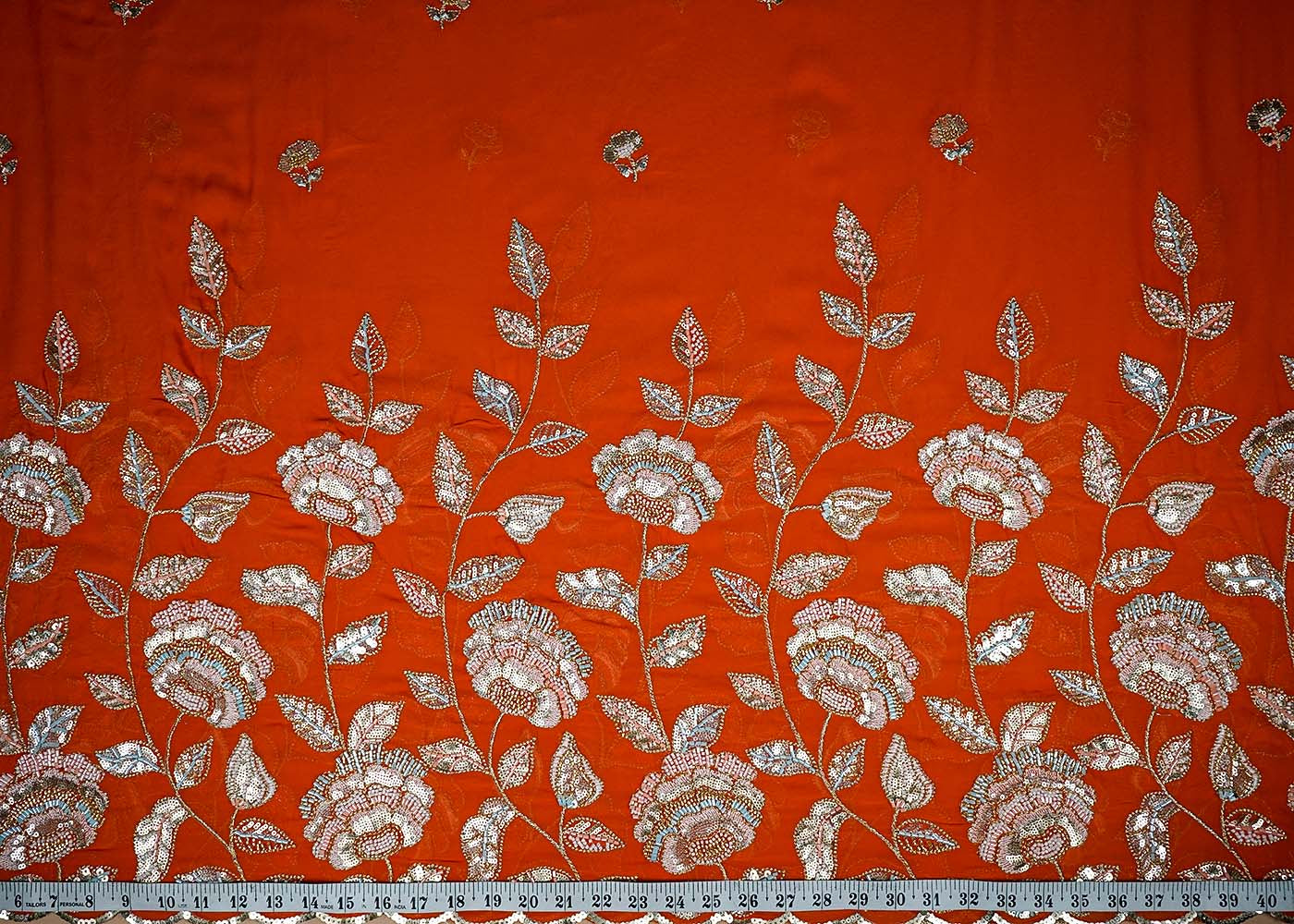 Orange Georgette Fabric With All Over Thread, Katdana And Sequins Buti With One Side Scalloped Border 16443