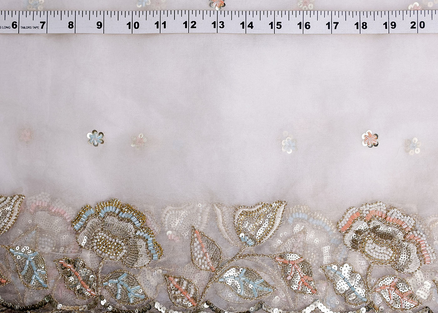 White Organza Fabric With All Over Thread, Katdana And Sequins Buti With Two Side Scalloped Border 16444