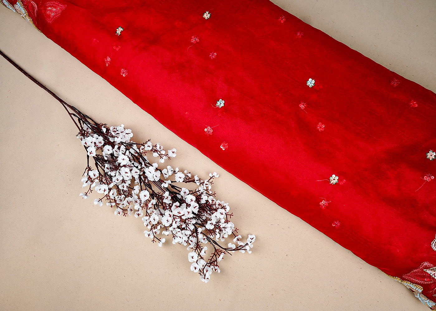 Red Organza Fabric With All Over Thread, Katdana And Sequins Buti With Two Side Scalloped Border 16445