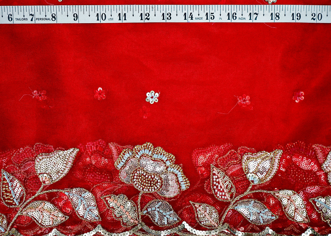 Red Organza Fabric With All Over Thread, Katdana And Sequins Buti With Two Side Scalloped Border 16445