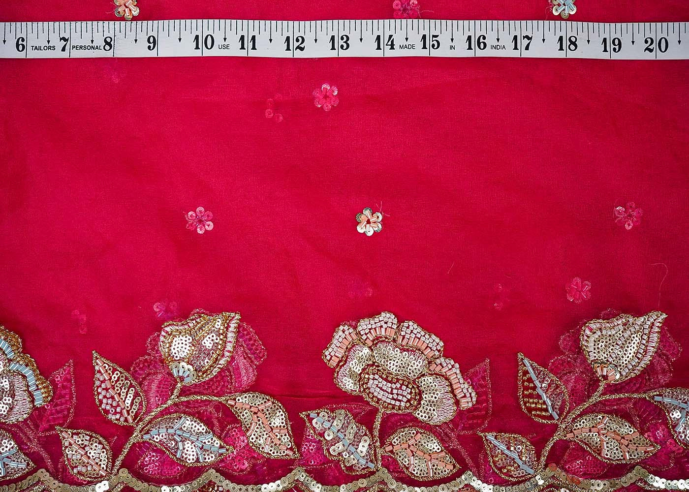 Rani Organza Fabric With All Over Thread, Katdana And Sequins Buti With Two Side Scalloped Border 16446