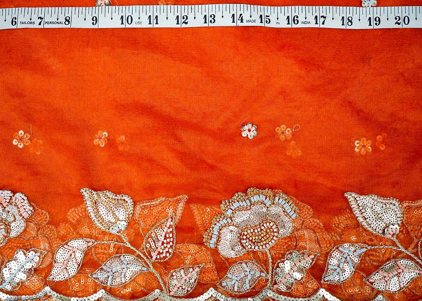 Orange Organza Fabric With All Over Thread, Katdana And Sequins Buti With Two Side Scalloped Border 16447