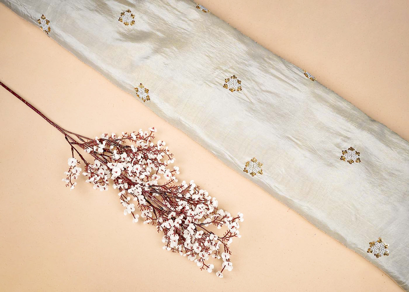 Golden Tissue Fabric With All Over Buti Of Sequins, Katdana And Bead Work 16453