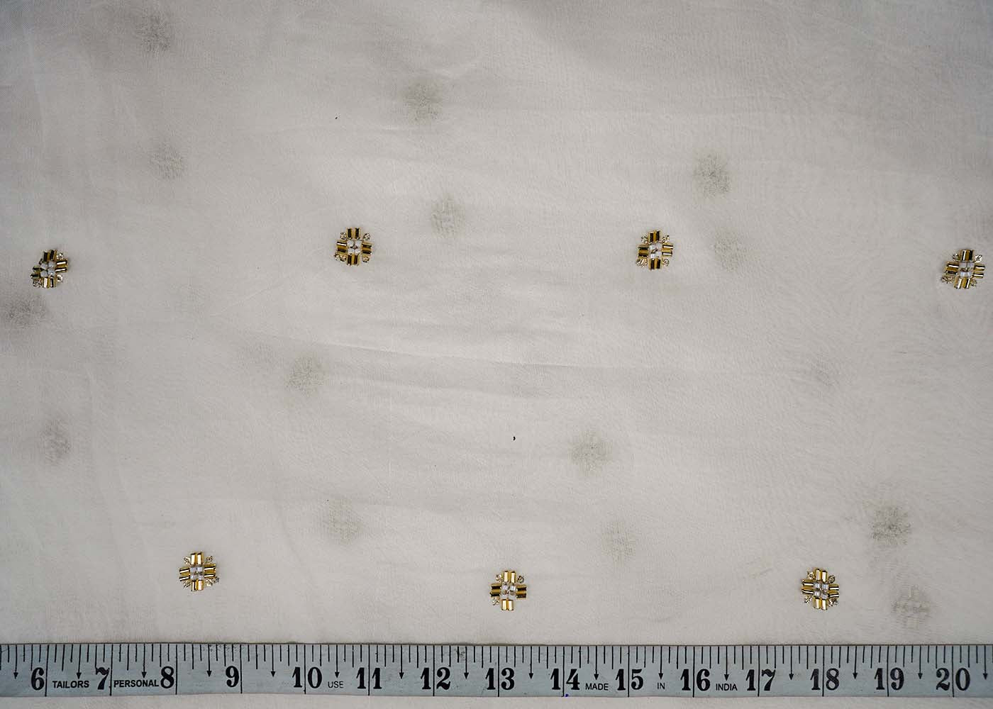 White Organza Fabric With All Over Buti Of Sequins, Katdana And Bead Work 16457