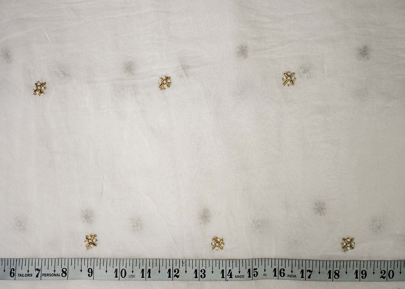 White Organza Fabric With All Over Buti Of Sequins, Katdana And Bead Work 16458