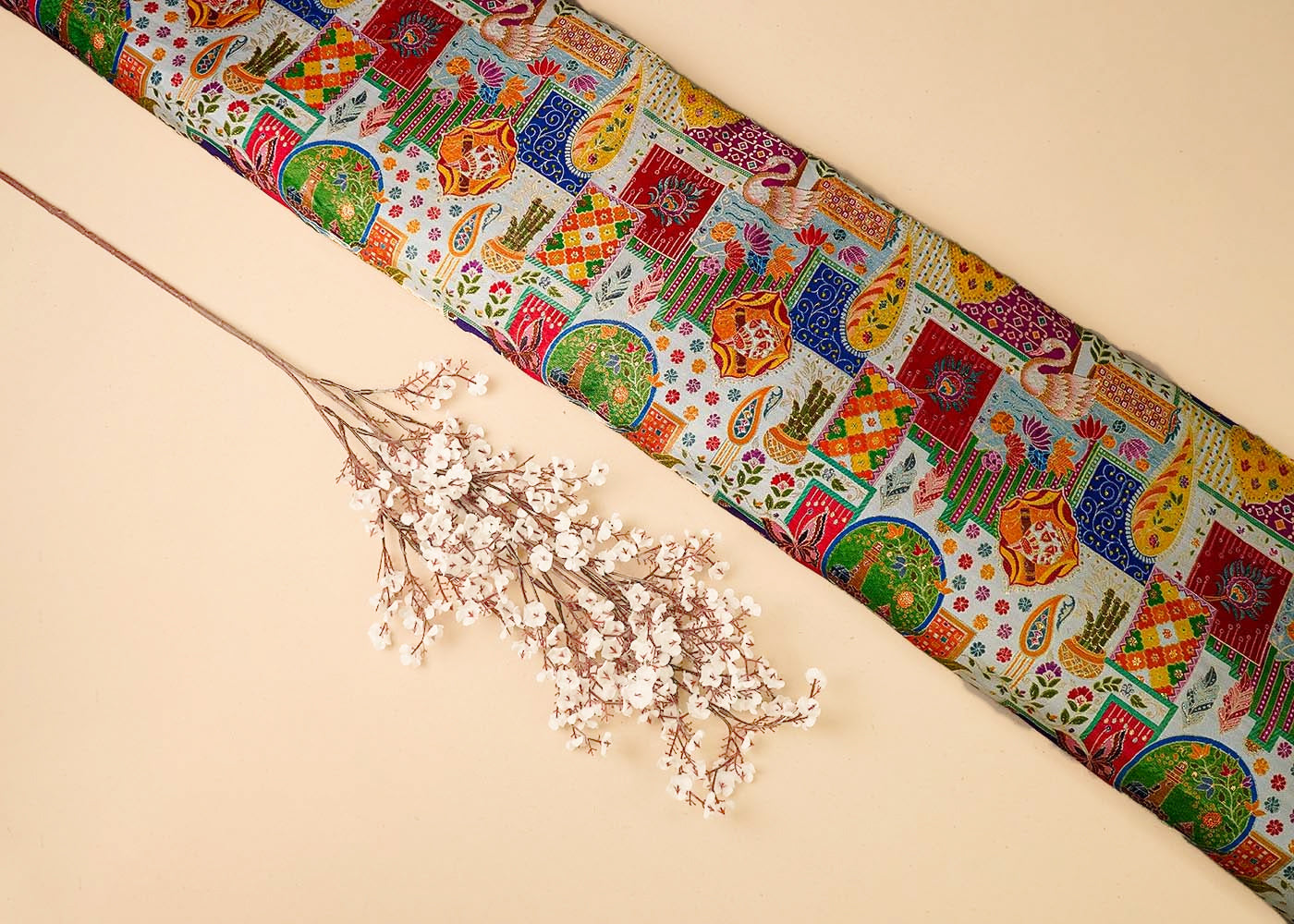 Off White Tissue Fabric With All Over Traditional Print With Zari Handloom 16461