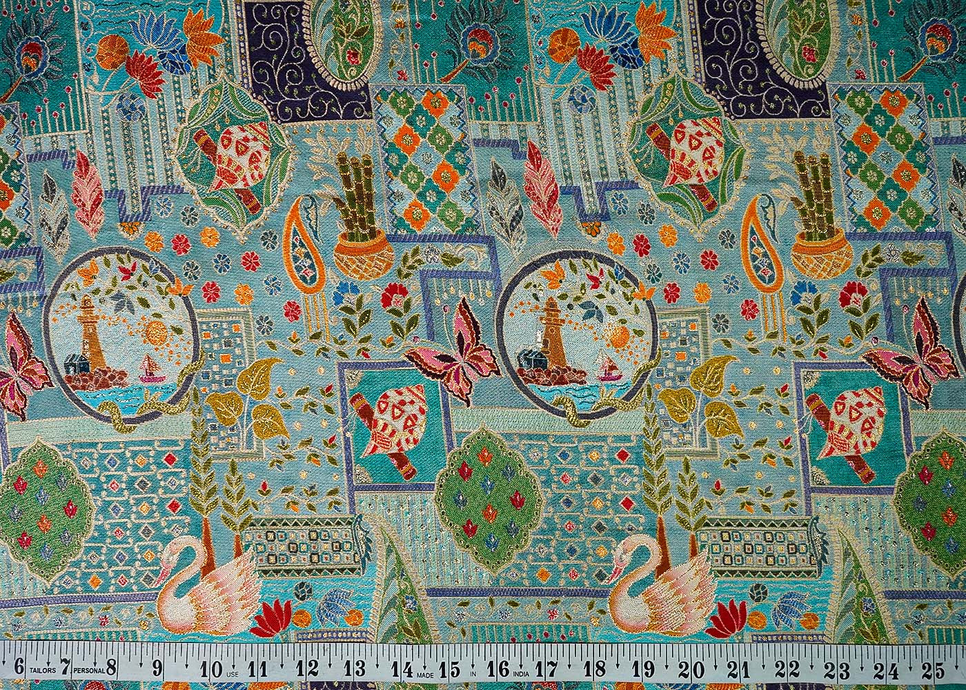 Powder Blue Tissue Fabric With All Over Traditional Print With Zari Handloom 16462