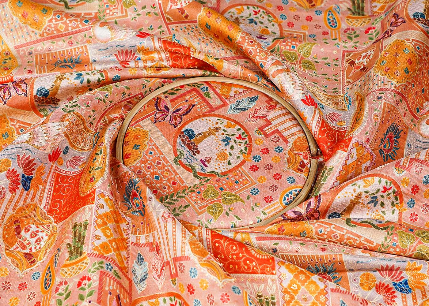 Peach Tissue Fabric With All Over Traditional Print With Zari Handloom 16463