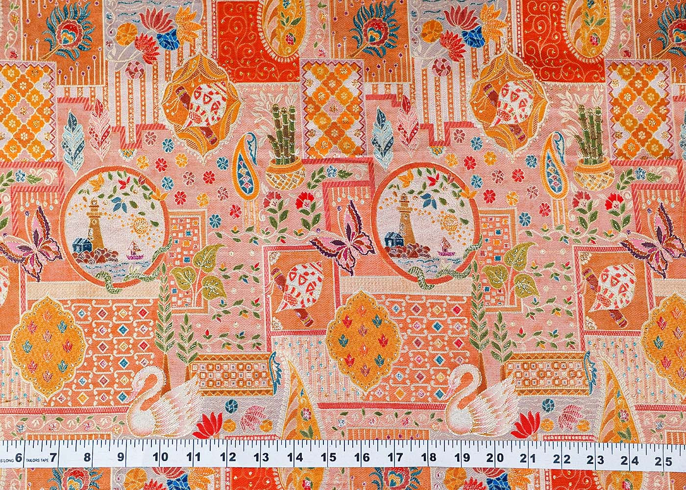 Peach Tissue Fabric With All Over Traditional Print With Zari Handloom 16463