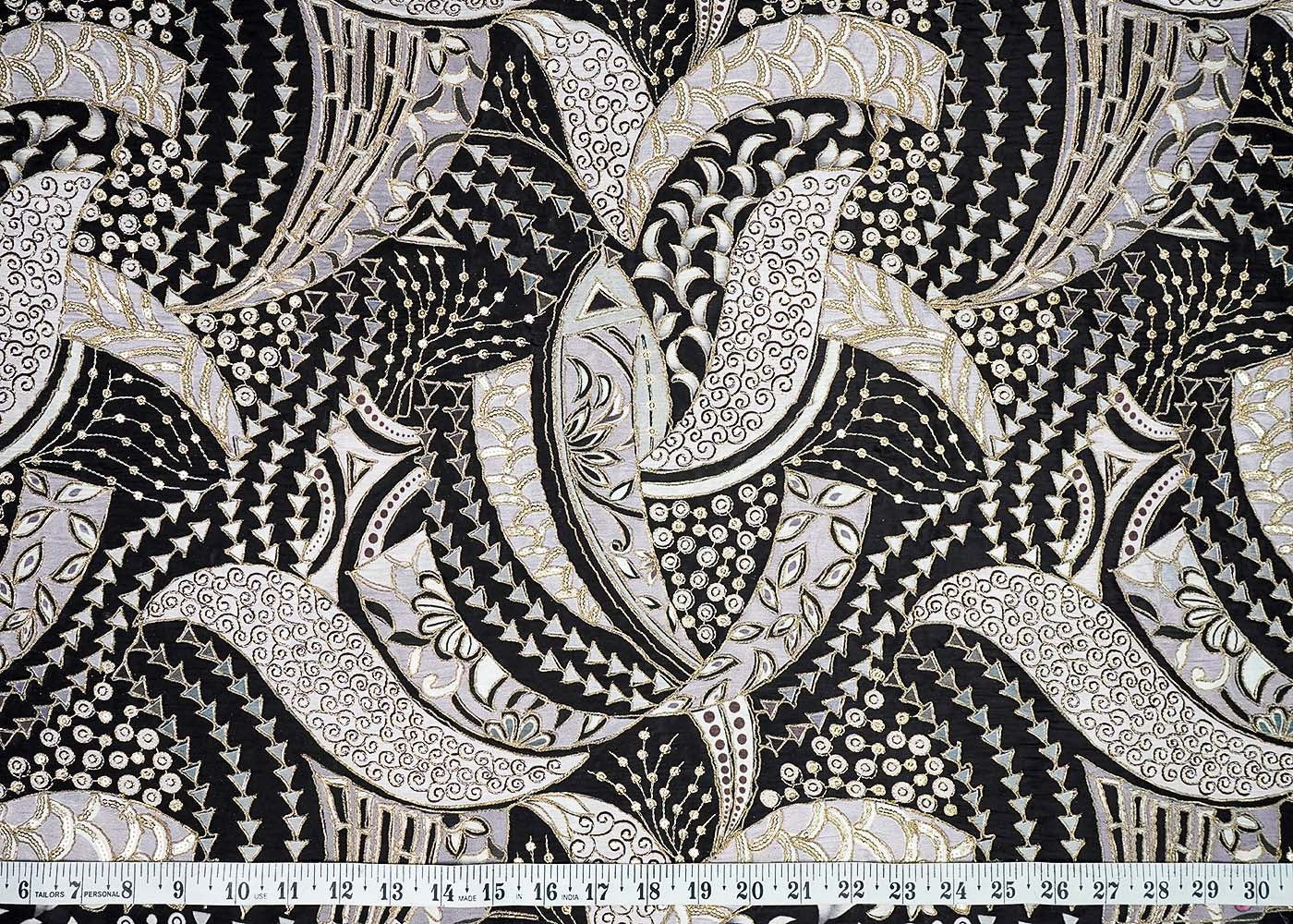 Black Crepe Fabric With All Over Thread, Sequins And Zari Work 16466