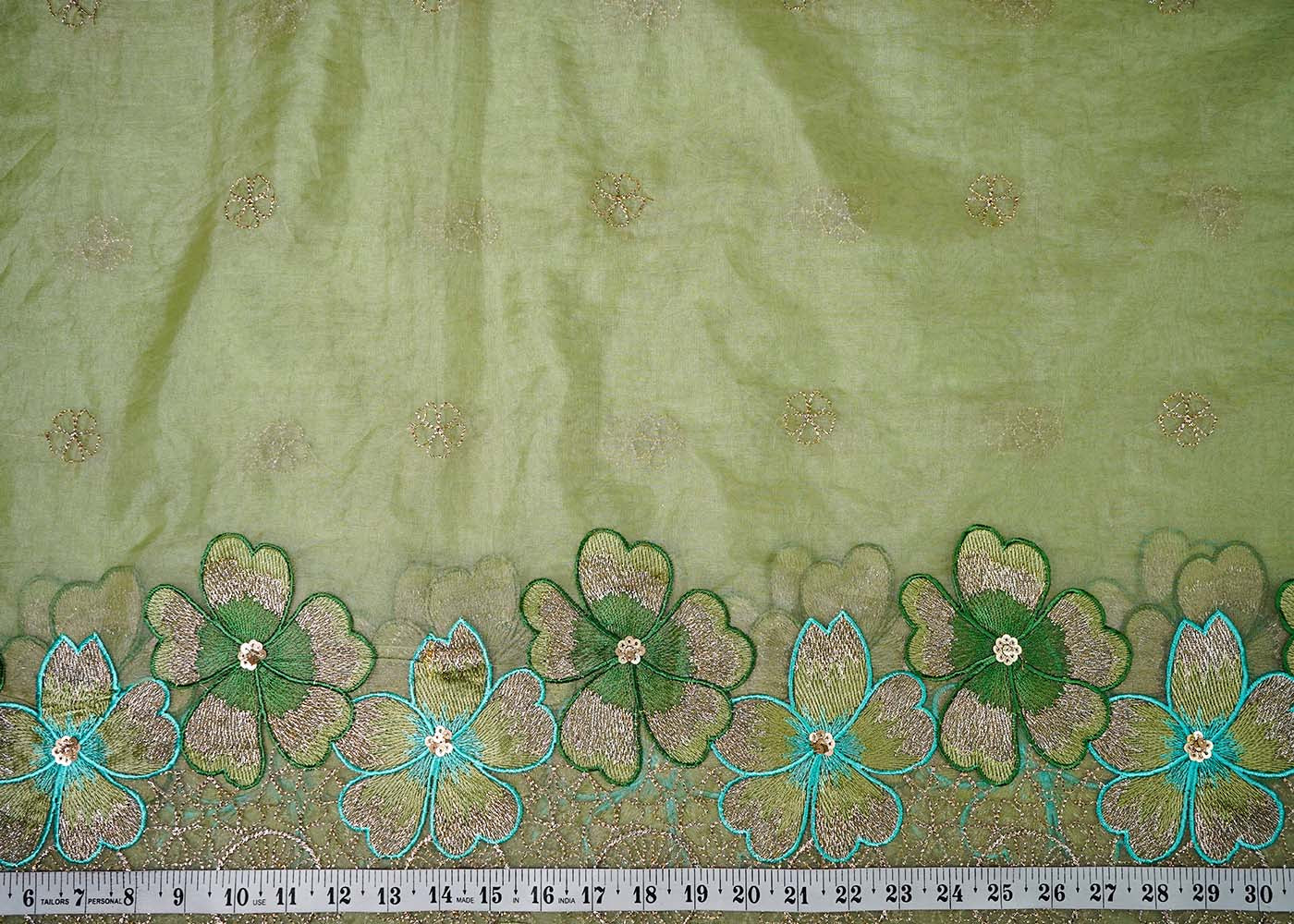 Sea Green Organza Fabric With All Over Thread, Zari And Sequins Work With Two Side Scalloped Border 16470