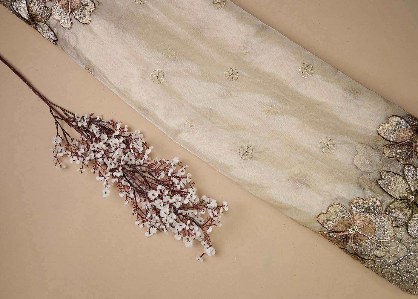 Beige Organza Fabric With All Over Thread, Zari And Sequins Work With Two Side Scalloped Border 16471