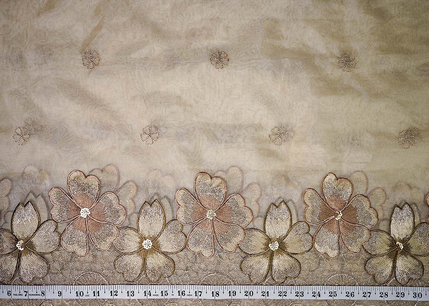 Beige Organza Fabric With All Over Thread, Zari And Sequins Work With Two Side Scalloped Border 16471