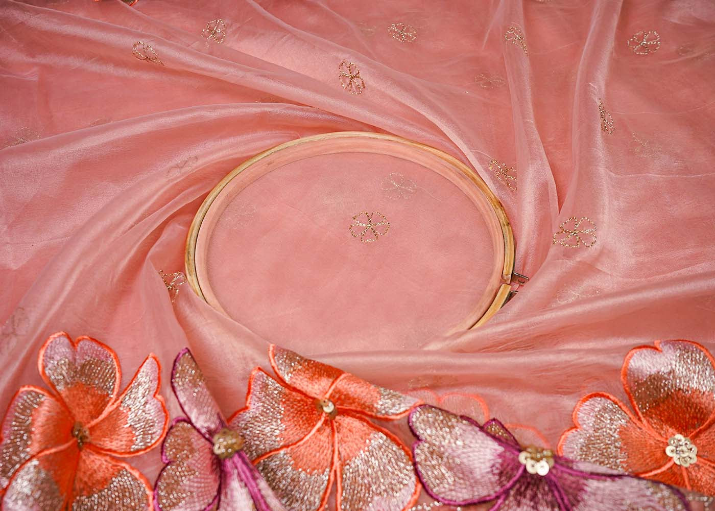 Pink Organza Fabric With All Over Thread, Zari And Sequins Work With Two Side Scalloped Border 16472