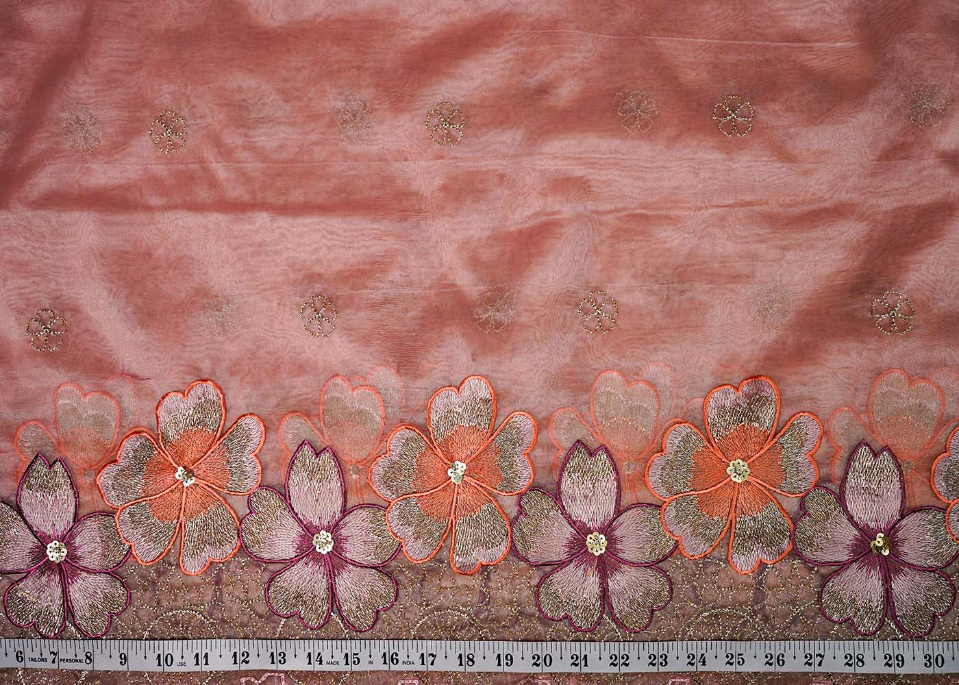 Pink Organza Fabric With All Over Thread, Zari And Sequins Work With Two Side Scalloped Border 16472