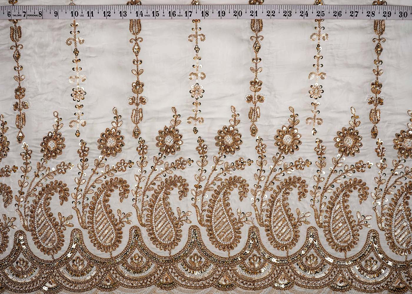 White Crepe Fabric With All Over Katdana, Bead, Sequins And Zari Work With One Side Scalloped Border 16473
