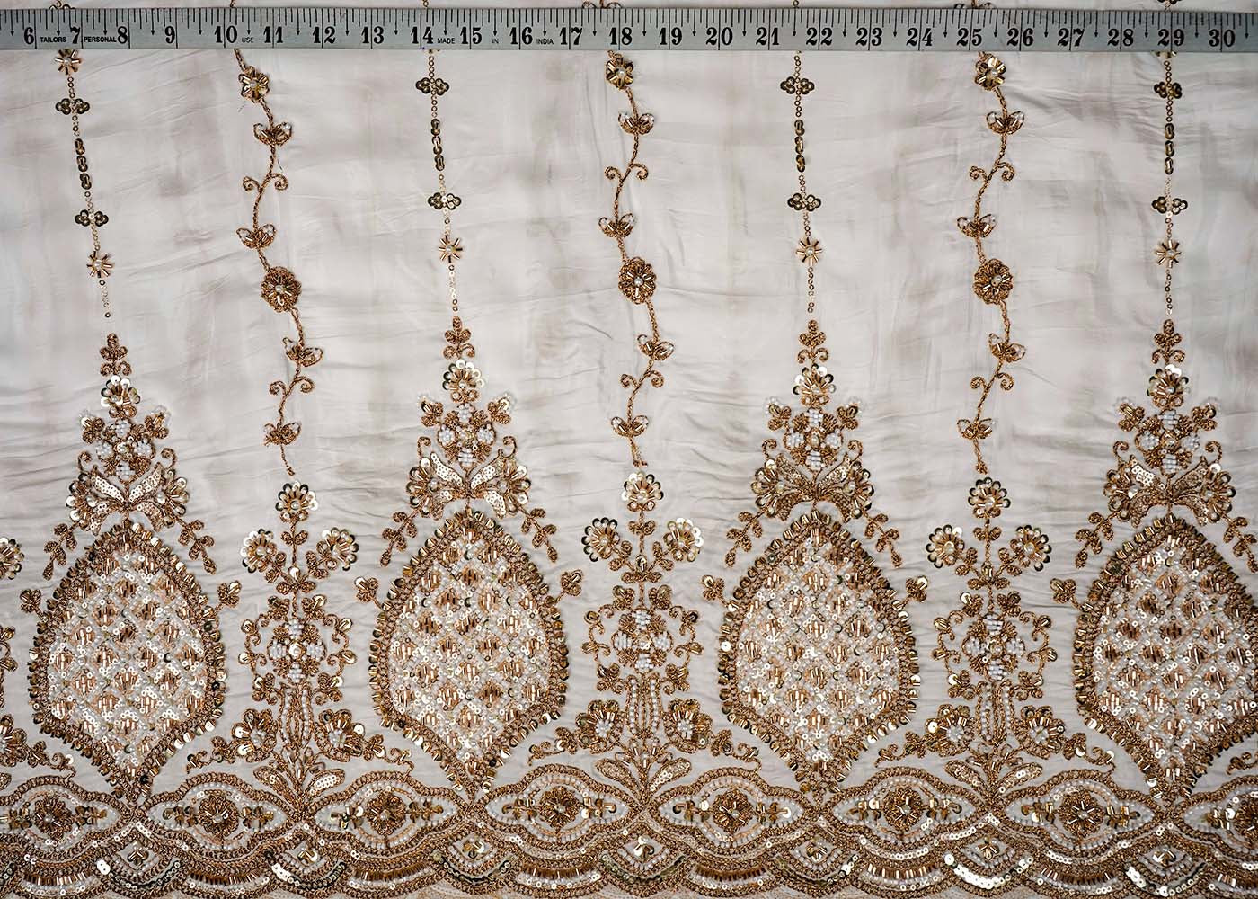 White Crepe Fabric With All Over Katdana, Bead, Sequins And Zari Work With One Side Scalloped Border 16474