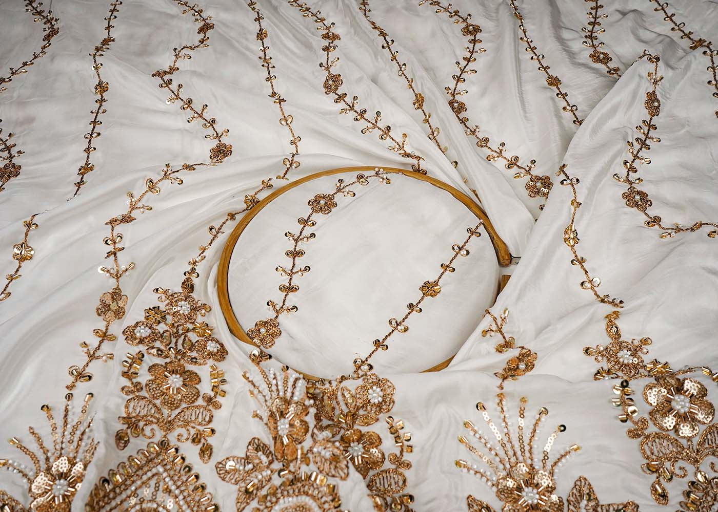 White Crepe Fabric With All Over Katdana, Bead, Sequins And Zari Work With One Side Scalloped Border 16475