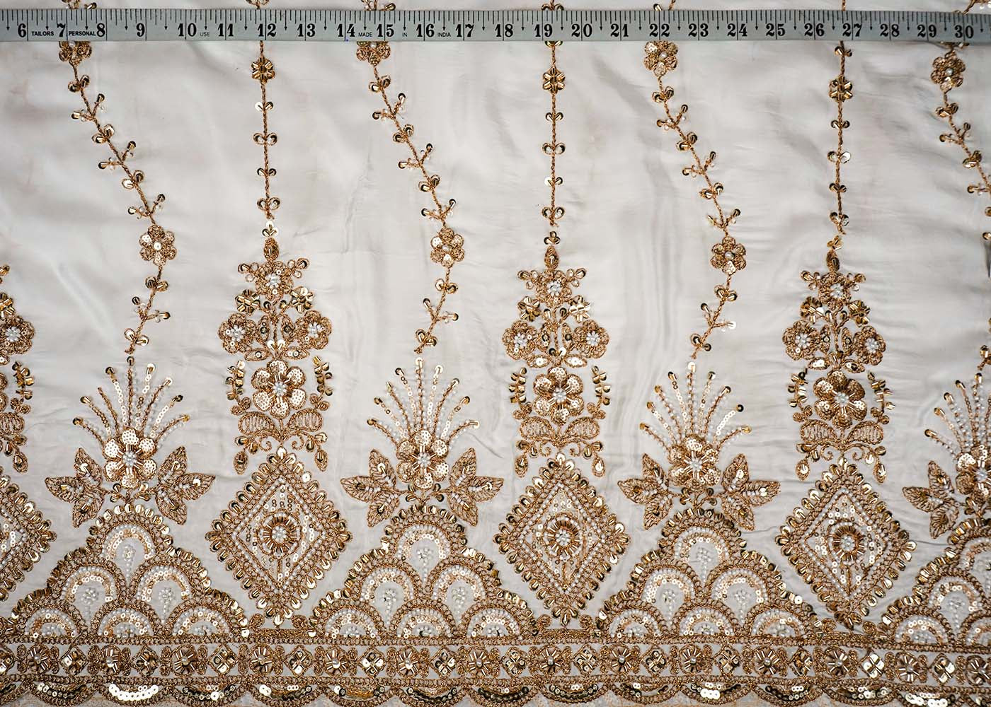 White Crepe Fabric With All Over Katdana, Bead, Sequins And Zari Work With One Side Scalloped Border 16475