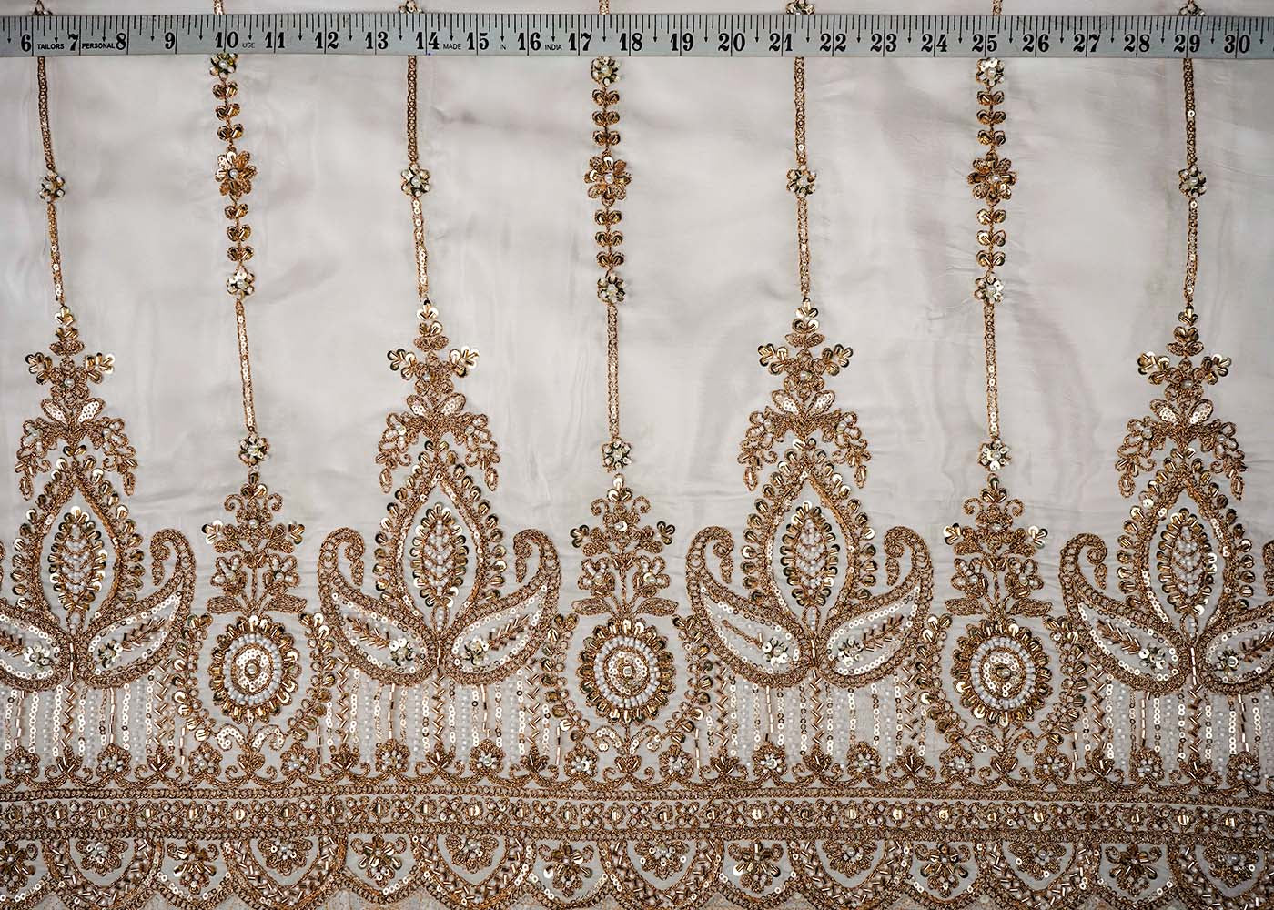 White Crepe Fabric With All Over Katdana, Bead, Sequins And Zari Work With One Side Scalloped Border 16476
