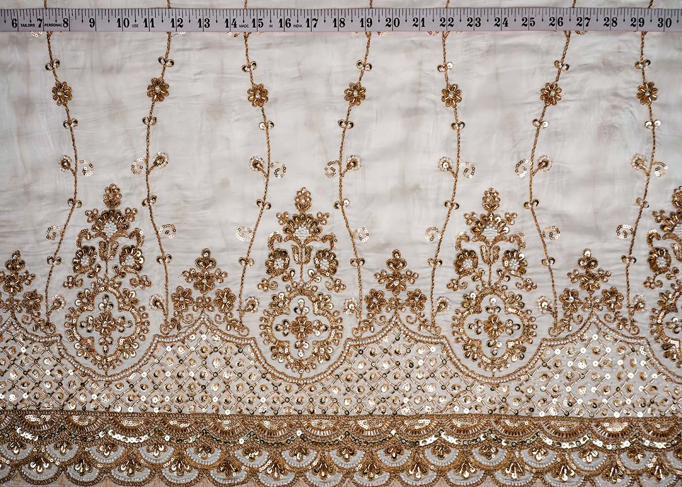 White Crepe Fabric With All Over Katdana, Bead, Sequins And Zari Work With One Side Scalloped Border 16477