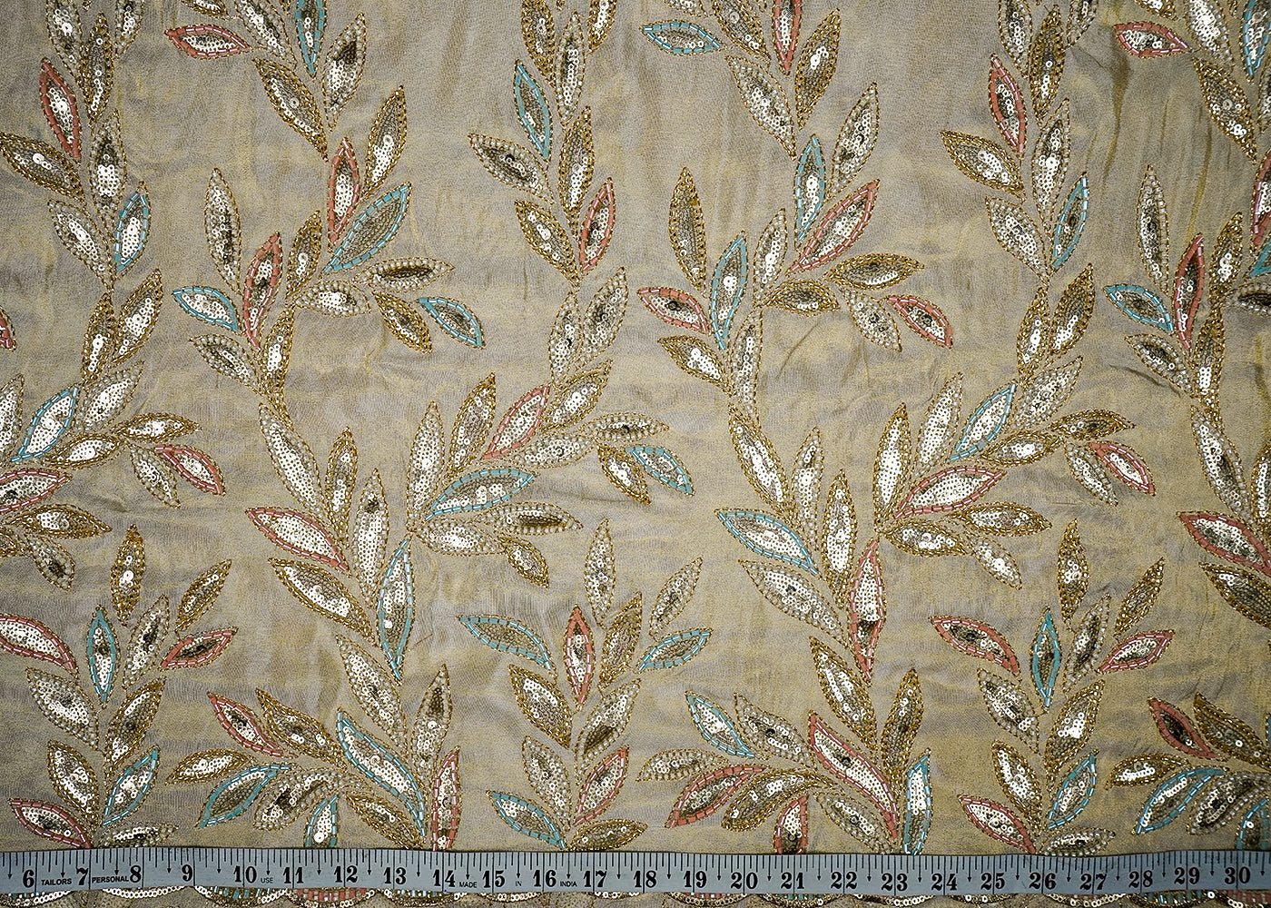 Golden Tissue Dupatta Fabric With All Over Zari, Sequins, Katdana And Bead Work With One Side Border 16483