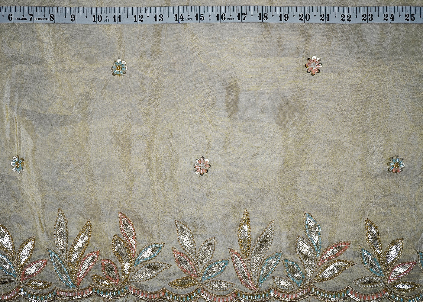 Golden Tissue Dupatta Fabric With All Over Zari, Sequins, Katdana And Bead Work With Two Side Border 16484