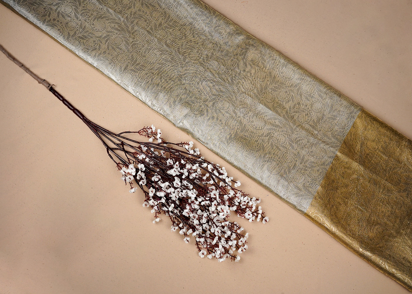 Light Golden Tissue Fabric With All Over Traditional Self Work 16490