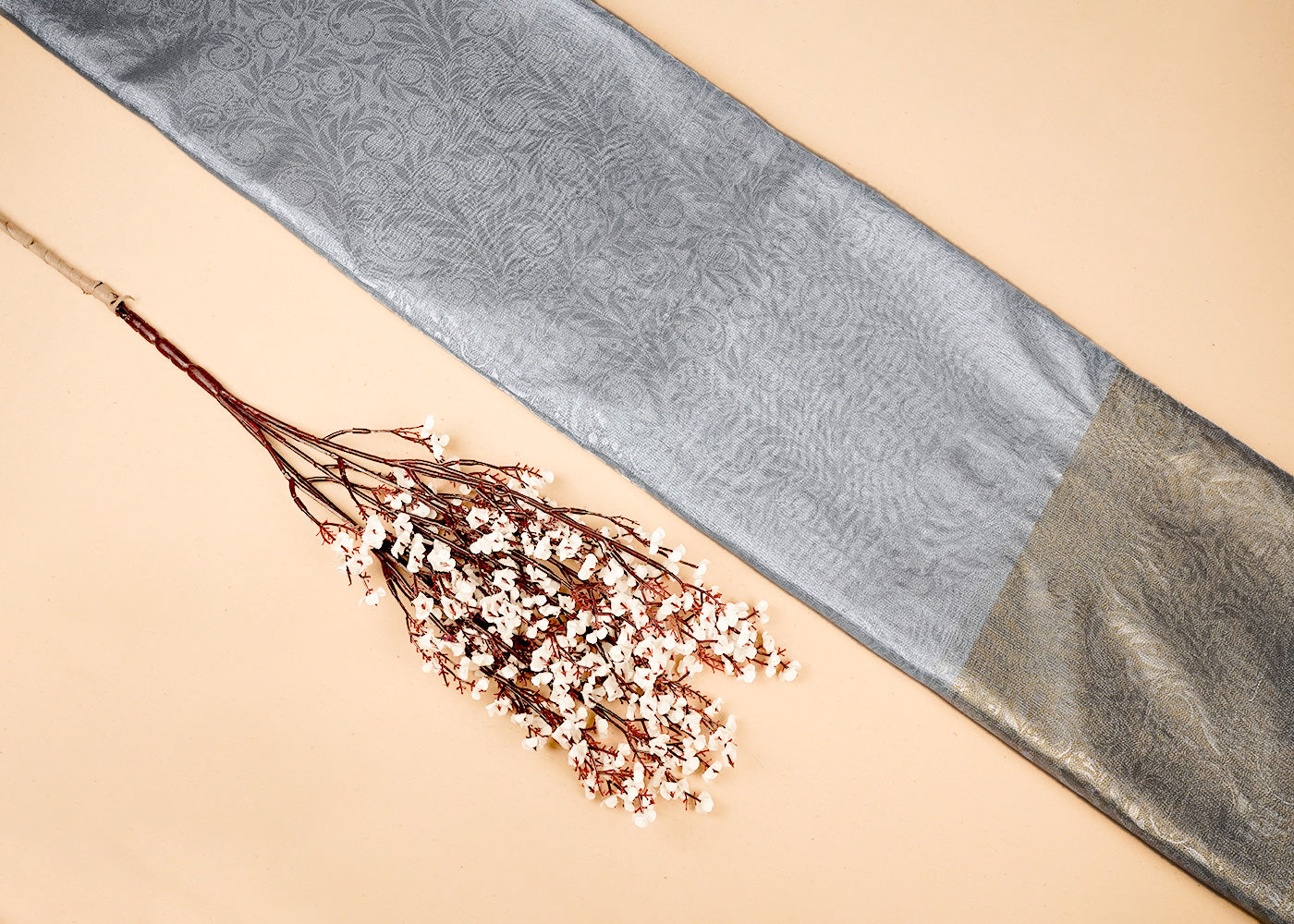 Grey Tissue Fabric With All Over Traditional Self Work 16491