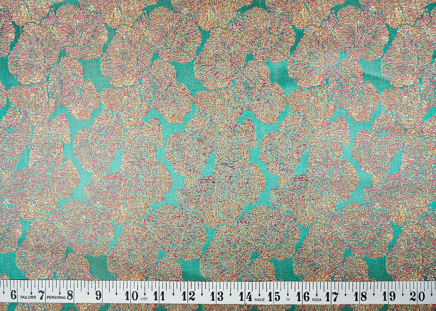 Green Banarasi Brocade Fabric With All Over Golden Zari Handloom 16504