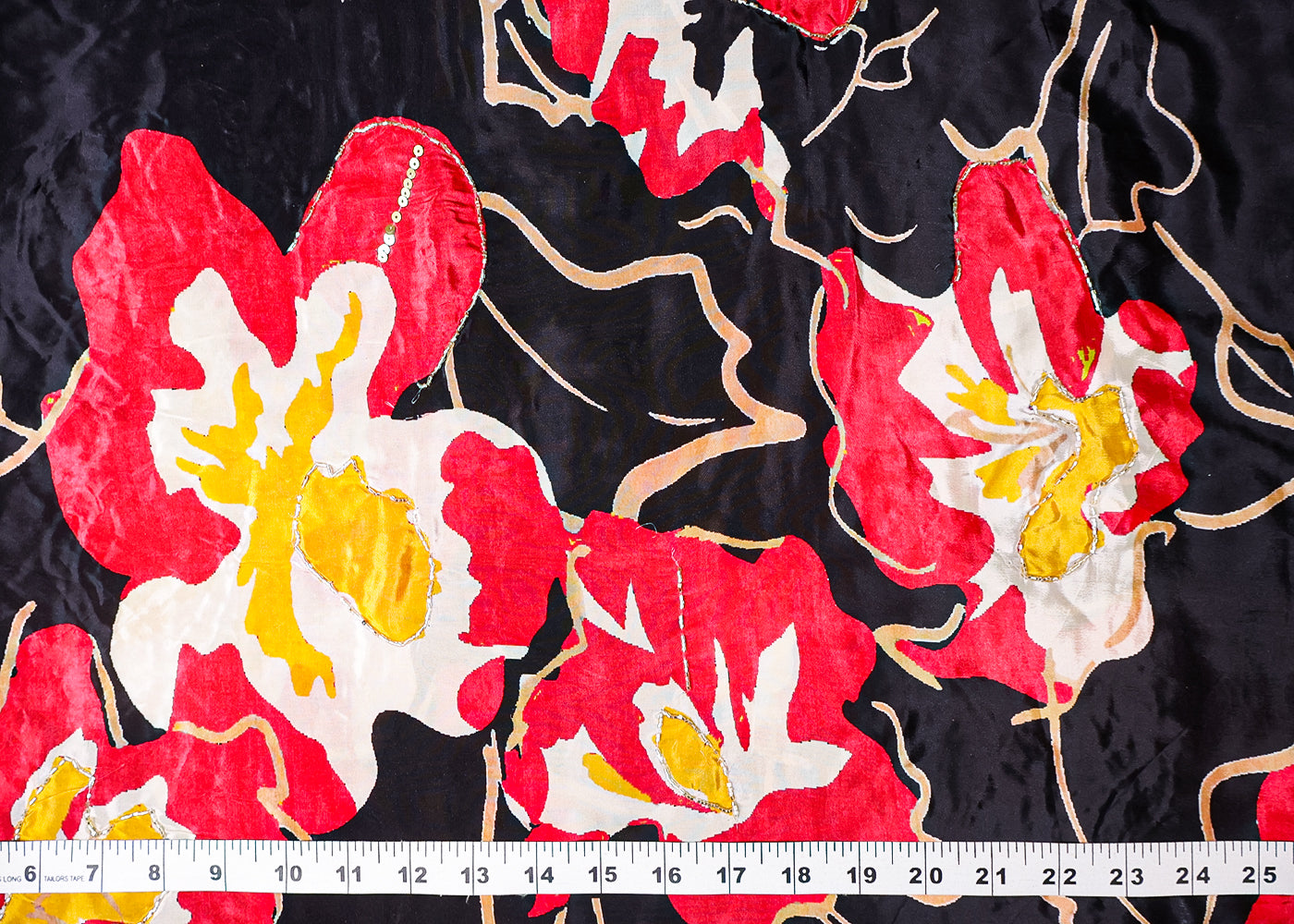 Black Crepe Fabric With All Over Floral Print And Katdana, Sequins Work 16524