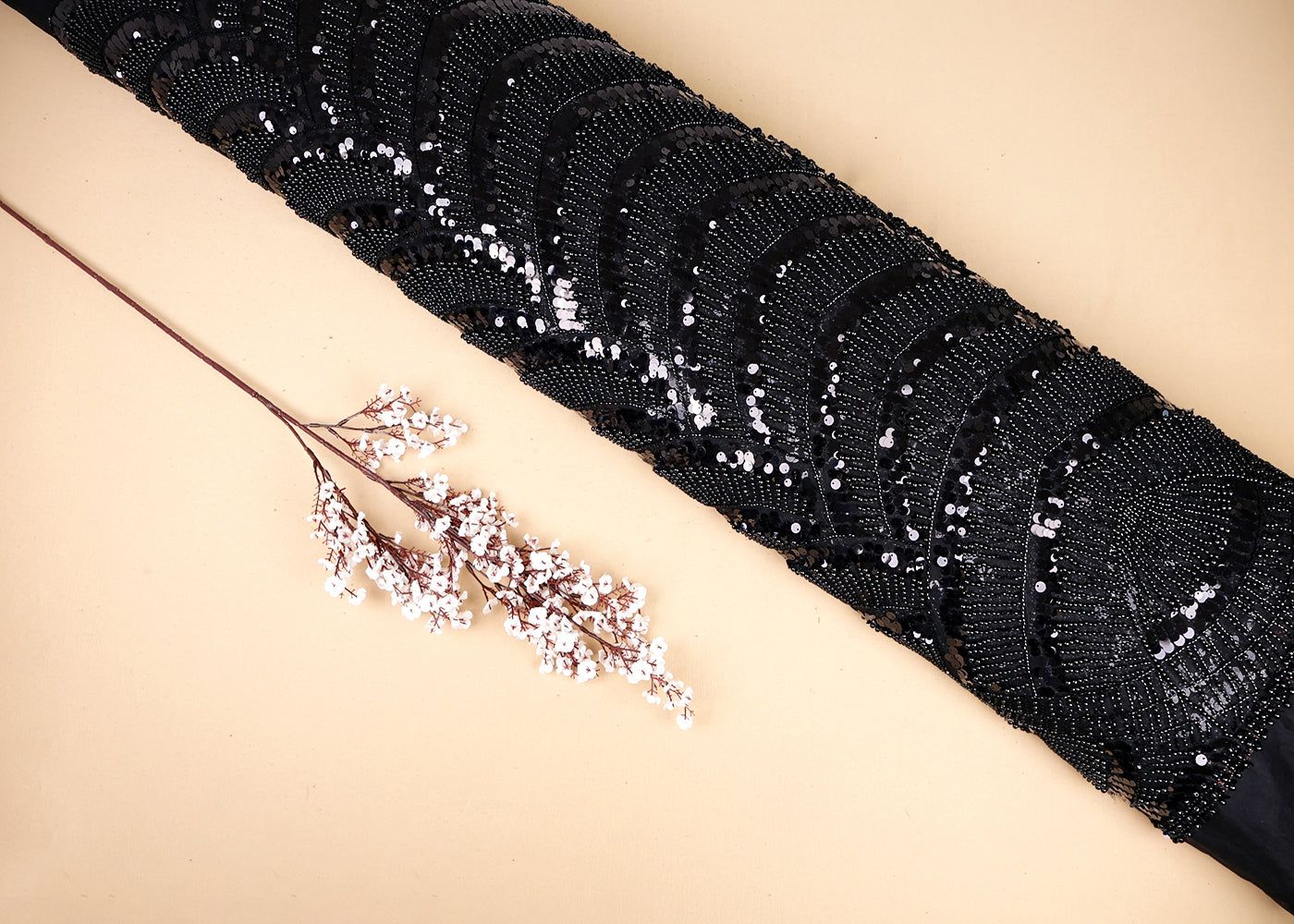 Black Imported Net Fabric With All Over Bead And Sequins Work With One Side Border 16534