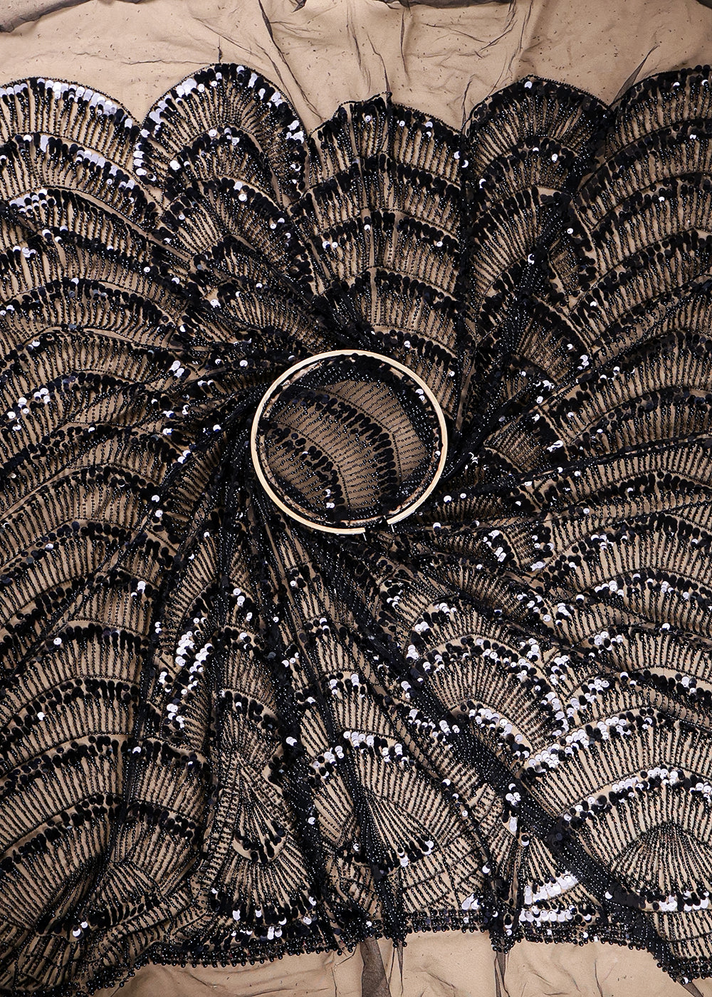 Black Imported Net Fabric With All Over Bead And Sequins Work With One Side Border 16534