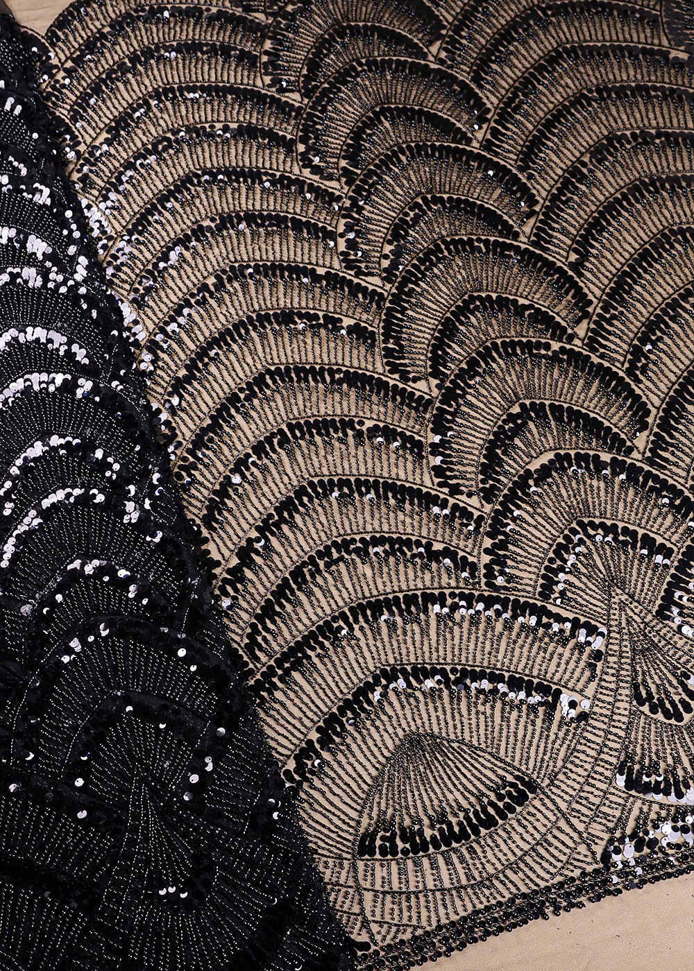 Black Imported Net Fabric With All Over Bead And Sequins Work With One Side Border 16534