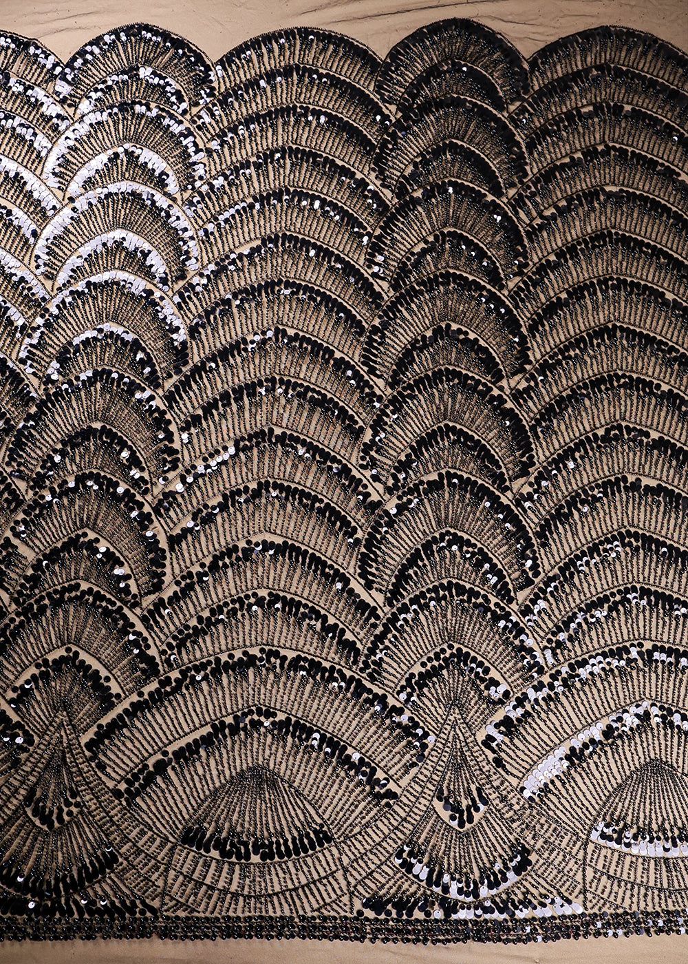 Black Imported Net Fabric With All Over Bead And Sequins Work With One Side Border 16534