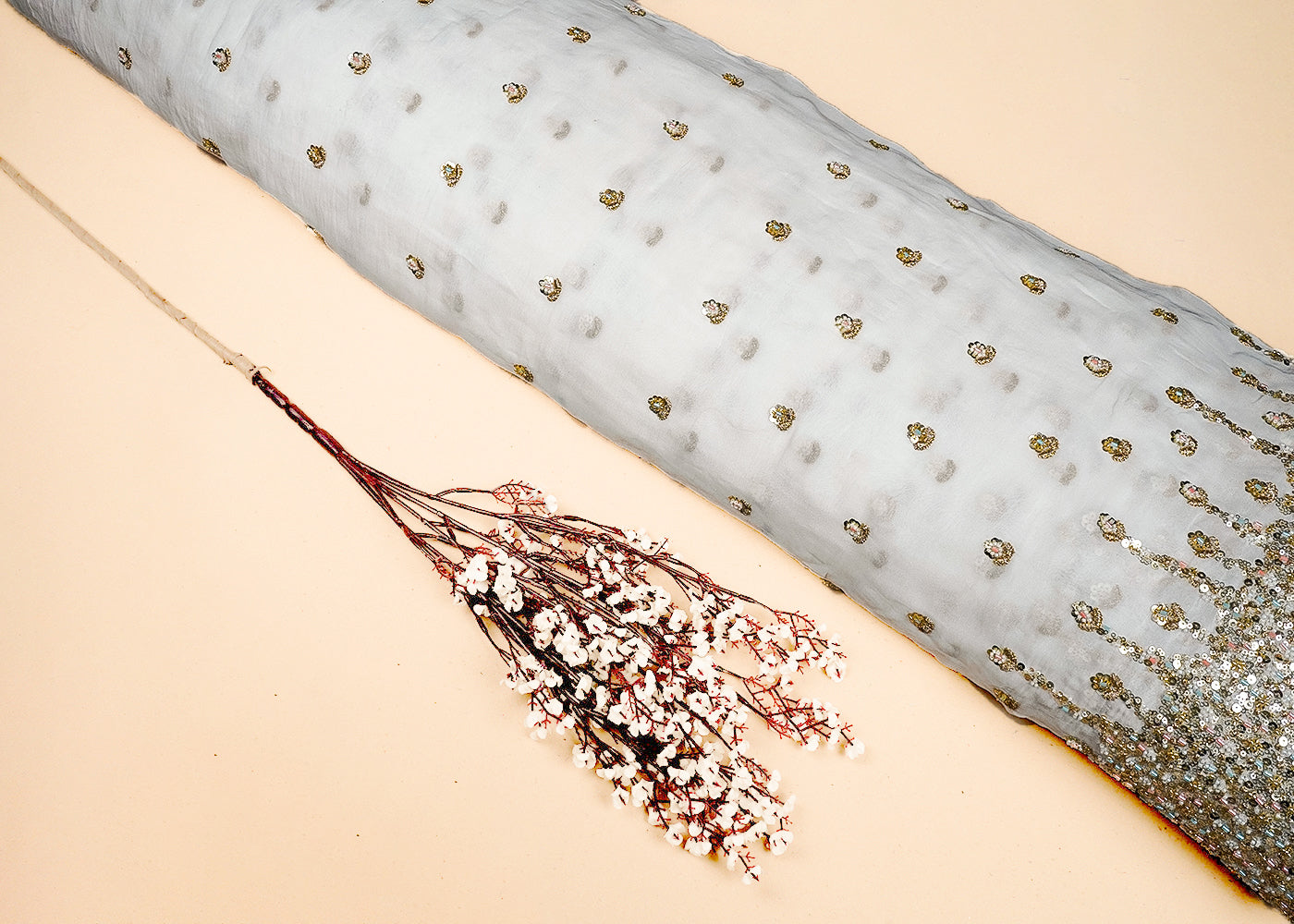 White Georgette Fabric With All Over Zari, Sequins And Bead Work With One Side Heavy Border 16536