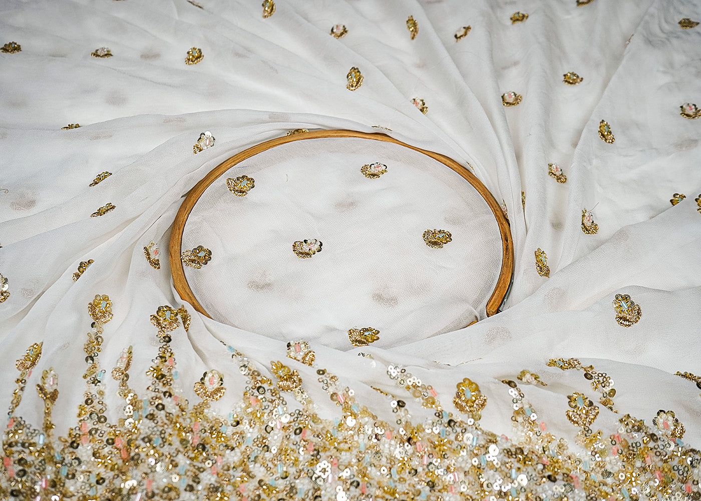 White Georgette Fabric With All Over Zari, Sequins And Bead Work With One Side Heavy Border 16536