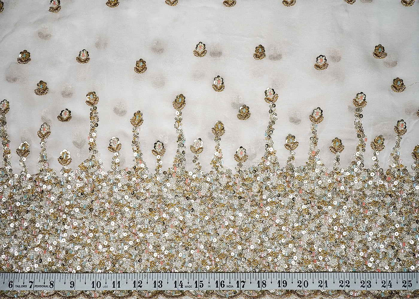 White Georgette Fabric With All Over Zari, Sequins And Bead Work With One Side Heavy Border 16536