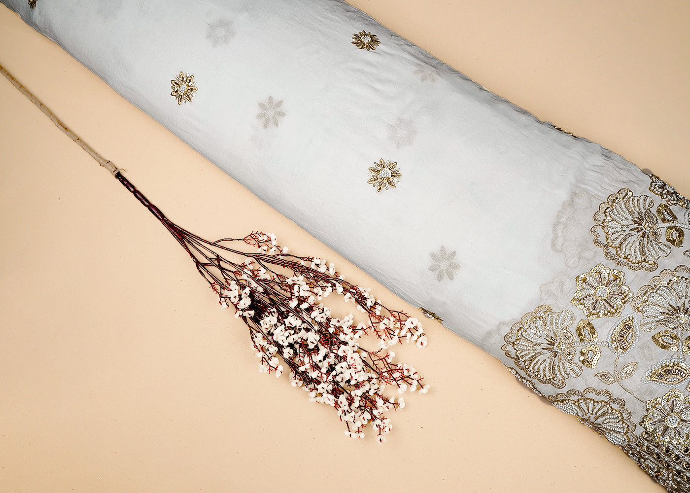 White Georgette Fabric With All Over Zari, Sequins And Bead Work With One Side Cutwork Border 16537