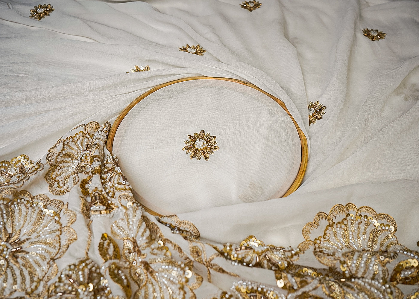 White Georgette Fabric With All Over Zari, Sequins And Bead Work With One Side Cutwork Border 16537