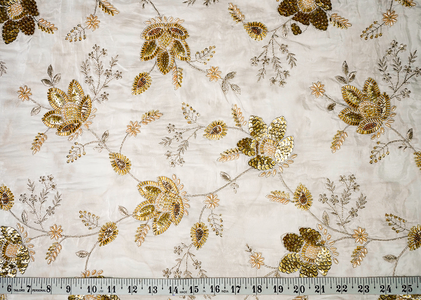 White Organza Fabric With All Over Zari, Sequins, Katdana And Bead Work 16538