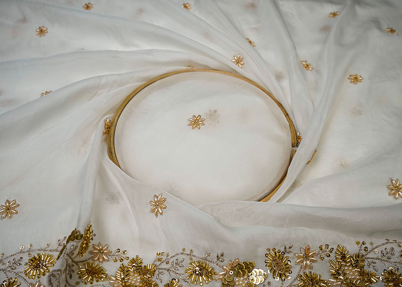 White Organza Dupatta Fabric With All Over Zari, Sequins And Bead Work With Two Side Scalloped Border 16539