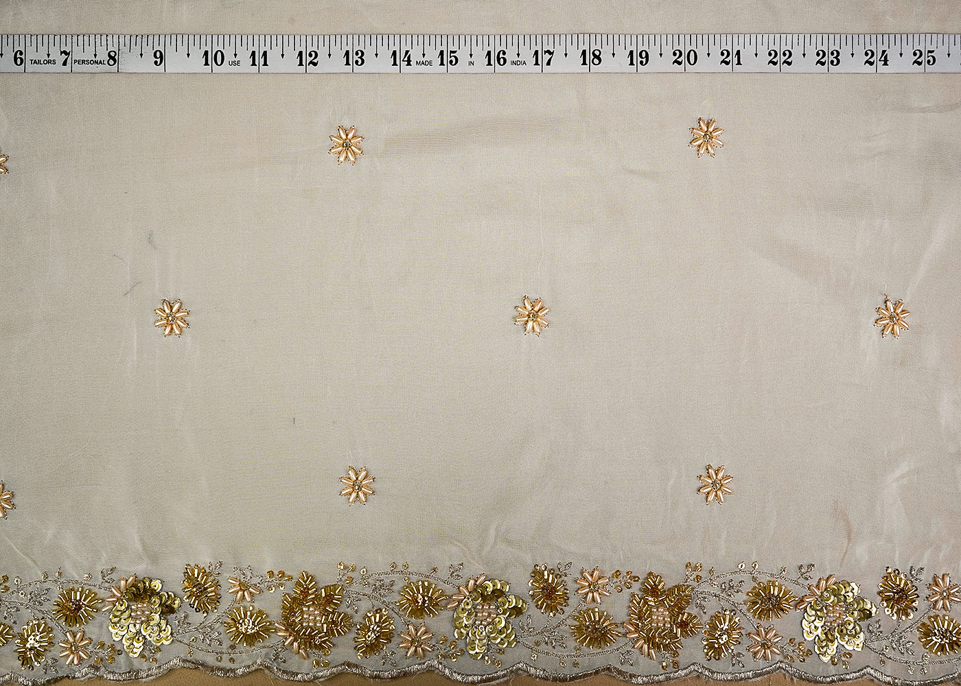 White Organza Dupatta Fabric With All Over Zari, Sequins And Bead Work With Two Side Scalloped Border 16539