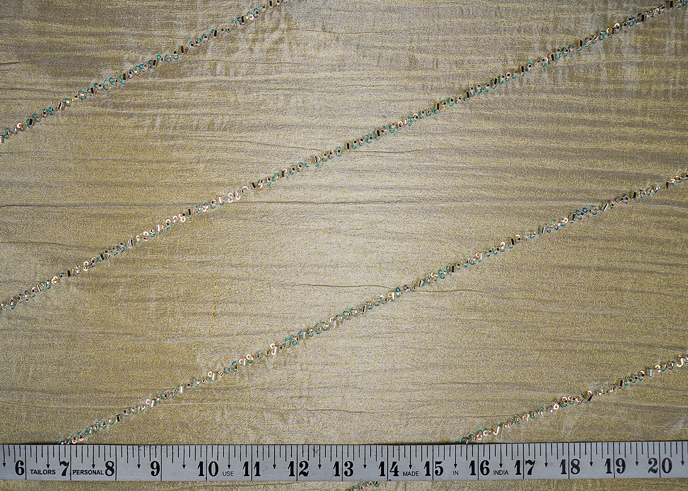 Golden Crushed Tissue Fabric With All Over Diagonal Stripes Of Katdana, Bead And Sequins Work 16540