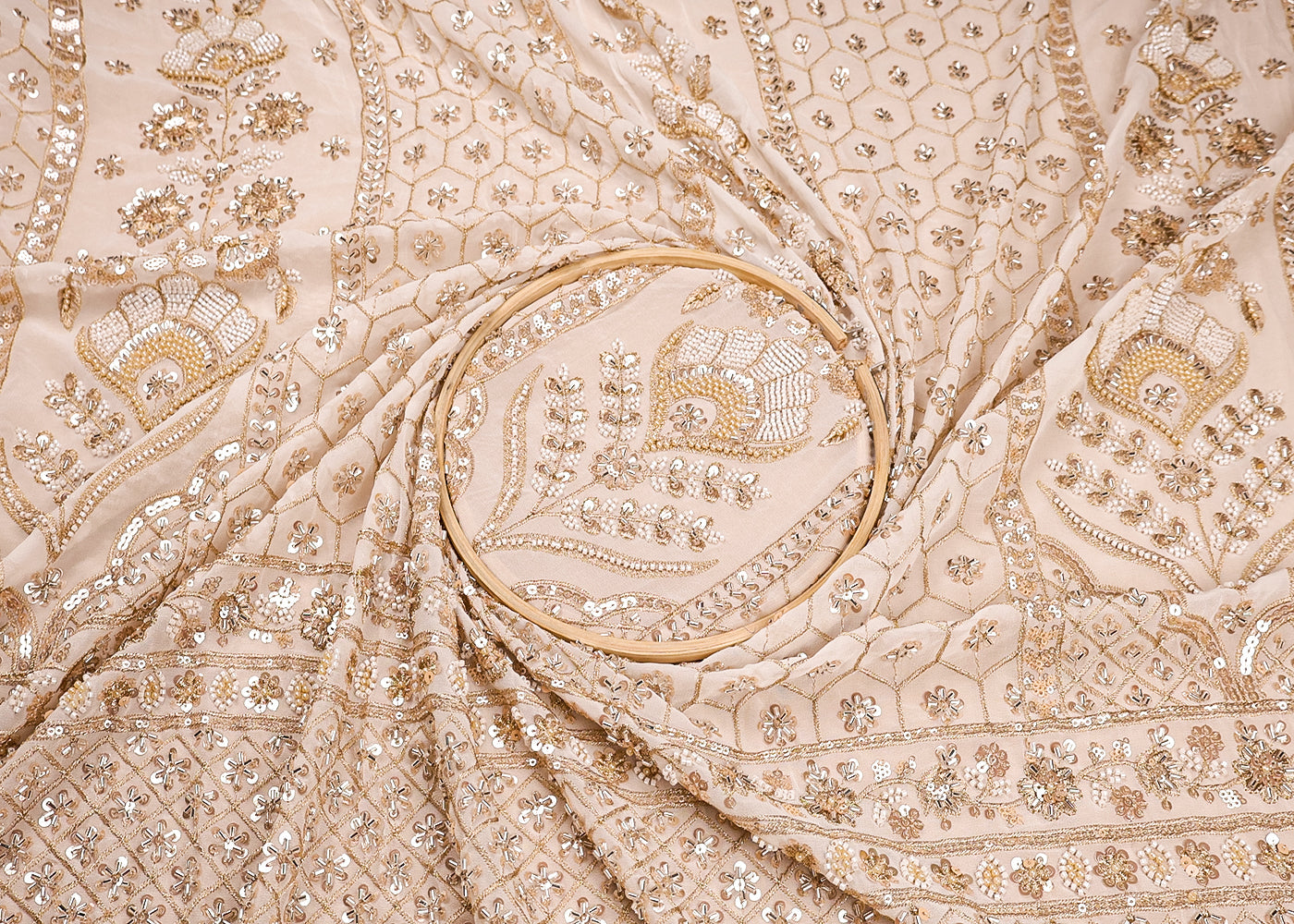 White Georgette Fabric With All Over Thread, Zari, Sequins, Bead And Katdana Work With One Side Border 16552
