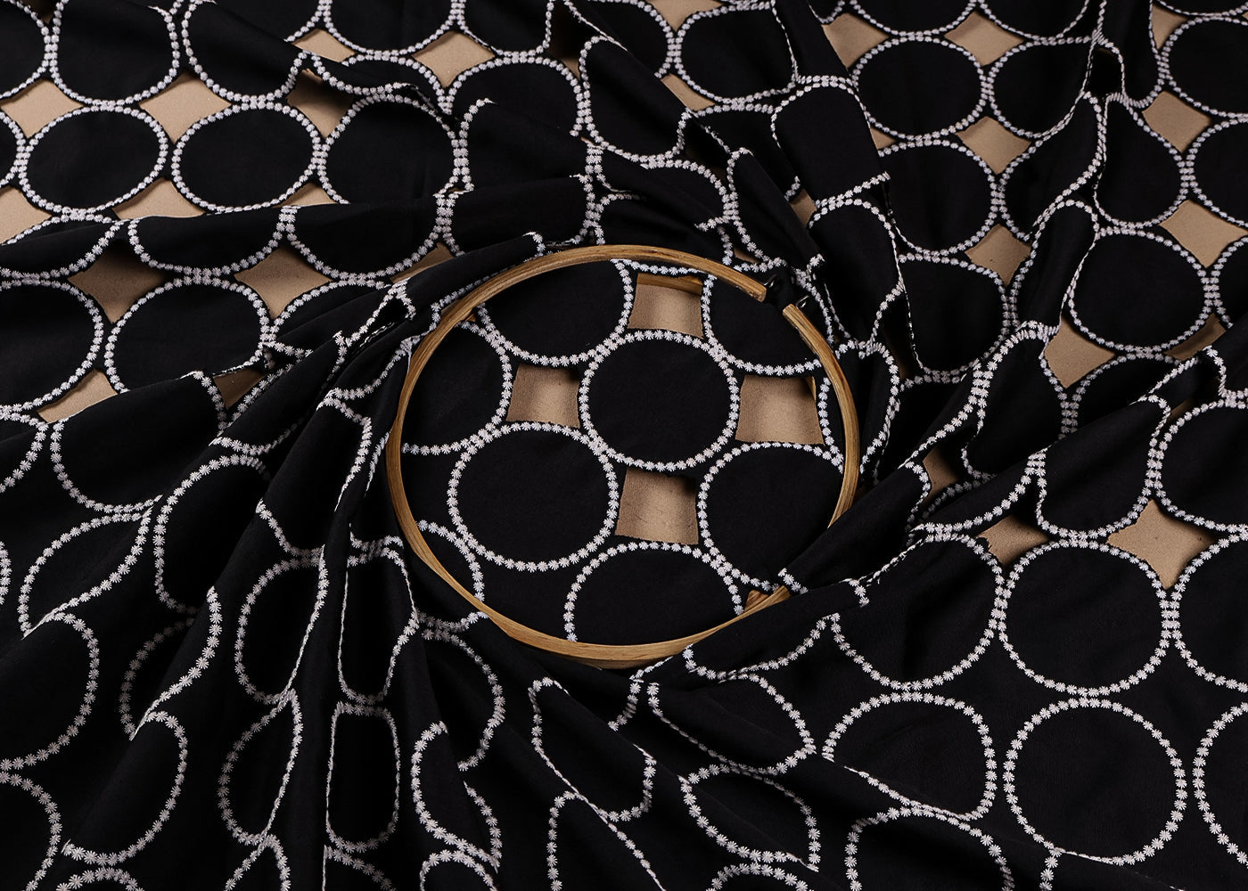 Black Banana Crepe Fabric With All Over Thread And Cutwork With One Side Border 16553