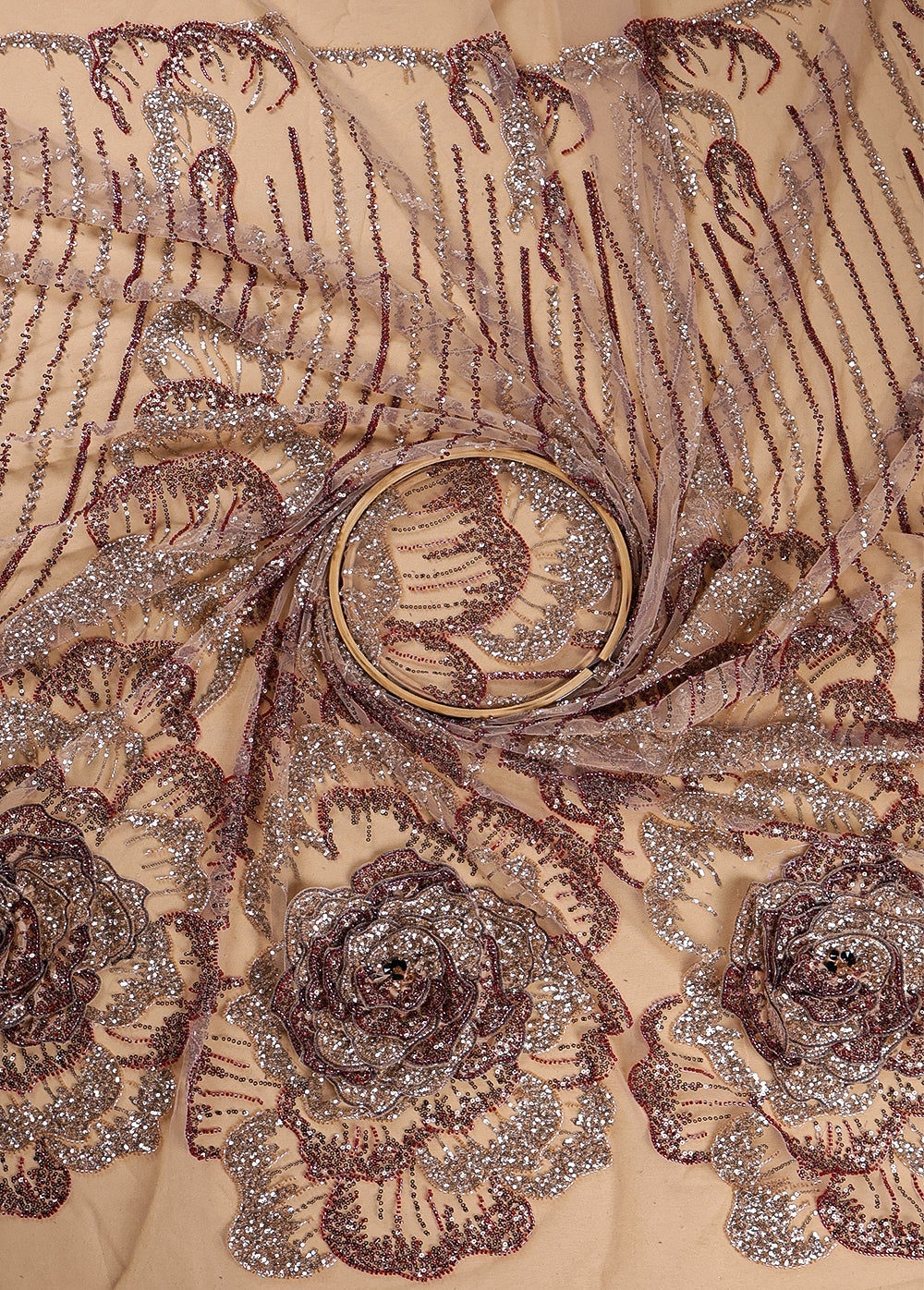 Beige Imported Net Fabric With All Over Bead And Sequins And One Side Applique Work Border 16558