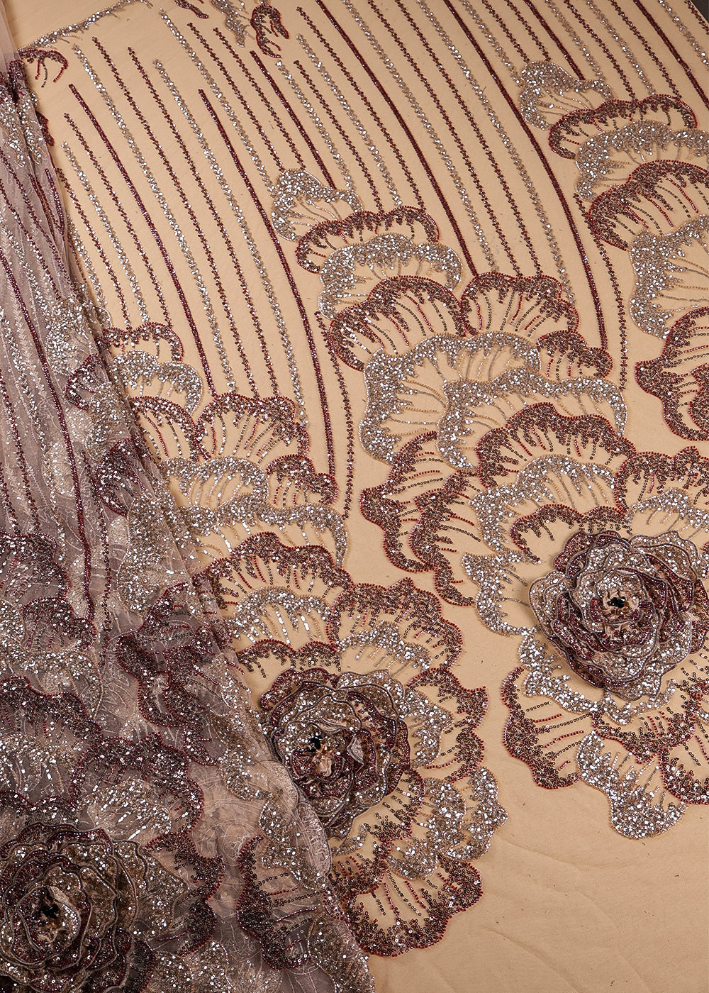 Beige Imported Net Fabric With All Over Bead And Sequins And One Side Applique Work Border 16558